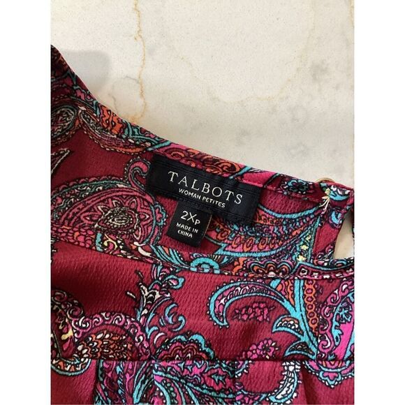 Talbots Petites Red Ruffle Paisley Blouse Top Sz 2XP Satin - Picture 6 of 9